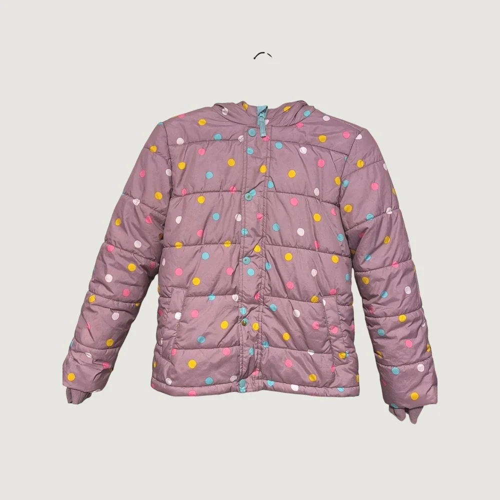 Cat & Jack Girls Purple Polka Dot Puffer Jacket Hooded Fleece Lined Size L 10/12